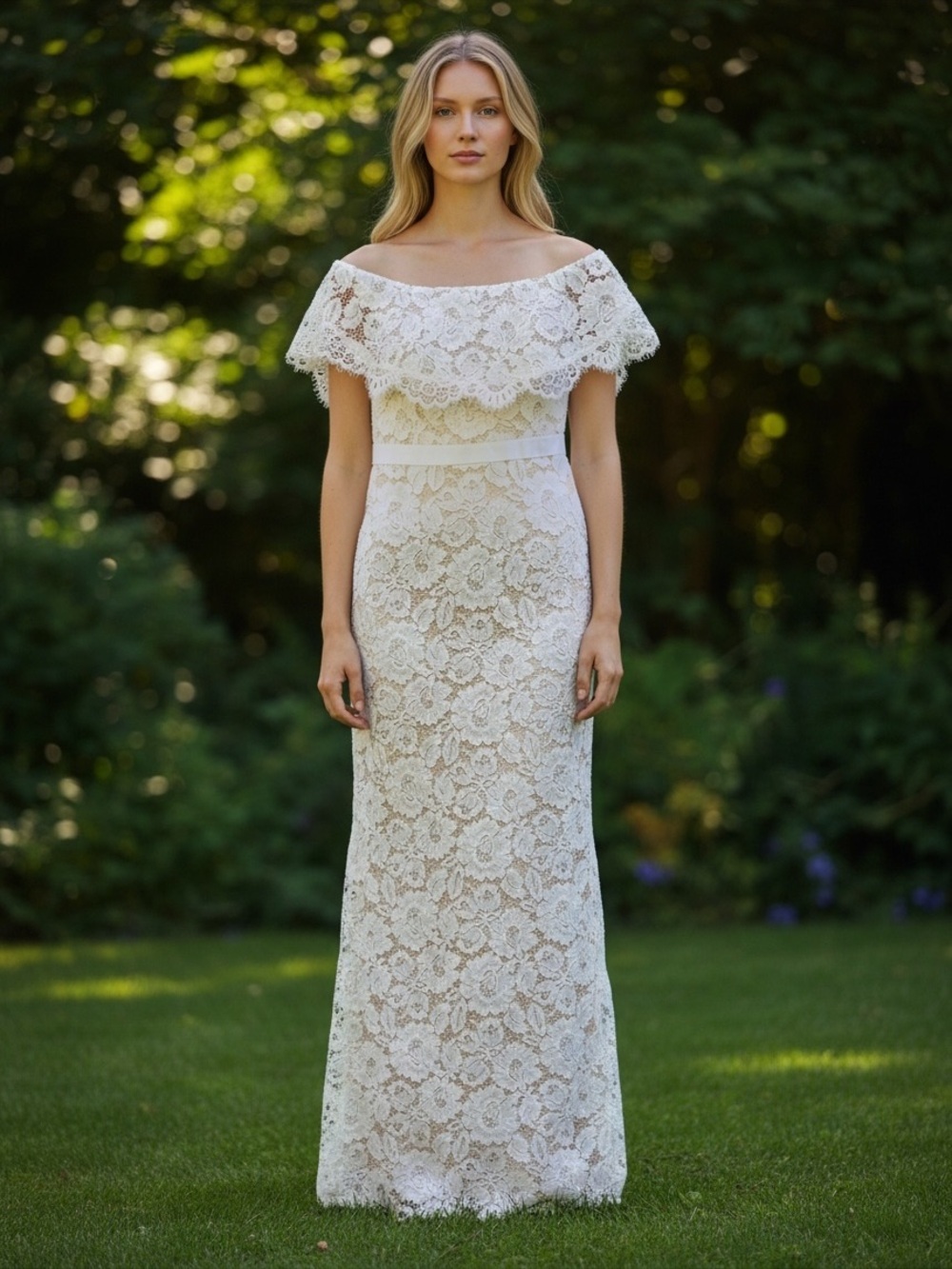 Eliza J Off-Shoulder Lace Column Wedding Dress in Ivory